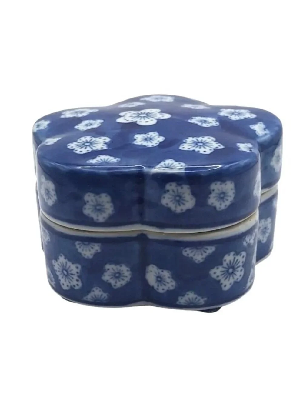 Japanese Porcelain Trinket Dish Plum Blossom Cobalt Blue Floral Kogo Box Vintage